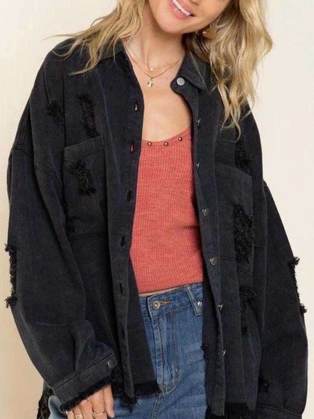 POL distress black denim Shacket